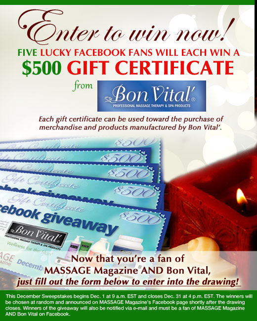 MASSAGE Magazine Partners with Bon Vital in December Facebook Giveaway, MASSAGE Magazine