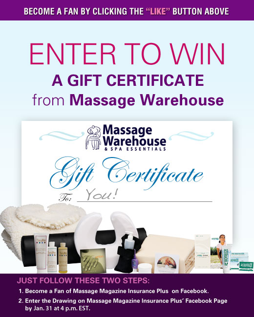 Massage Magazine Insurance Plus Partners with Massage Warehouse in January Facebook Giveaway, MASSAGE Magazine