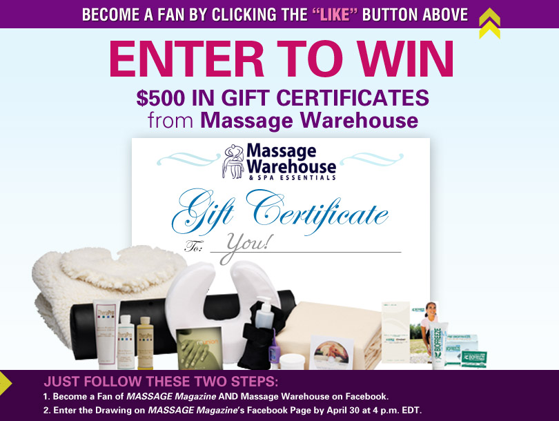 Win a Gift Certificate to Massage Warehouse in MASSAGE Magazine's April Facebook Giveaway