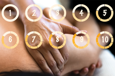An image of a massage therapist massaging a client, with a 1-10 scale superimposed over it, is used to illustrate the concept of a perfect massage pressure scale.