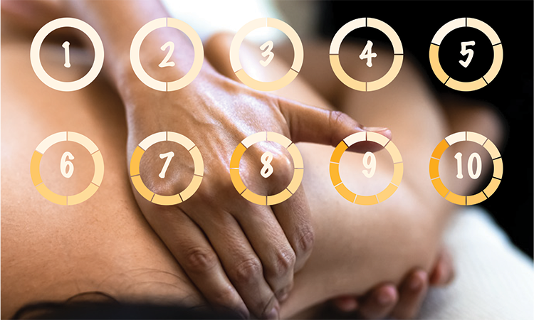 An image of a massage therapist massaging a client, with a 1-10 scale superimposed over it, is used to illustrate the concept of a perfect massage pressure scale.