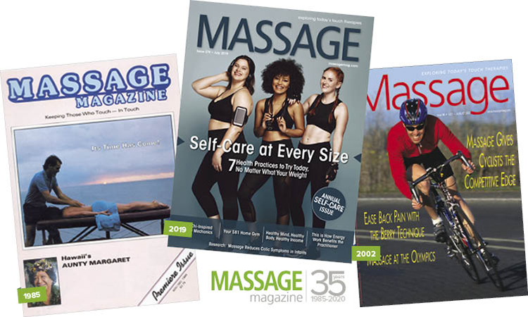 Three covers of Massage Magazine. One shows a man giving massage outside; one shows three women of various sizes and races promoting self-care at any size, and one shows a man on a bicycle next to the cover line "massage gives cyclies the competitive edge."