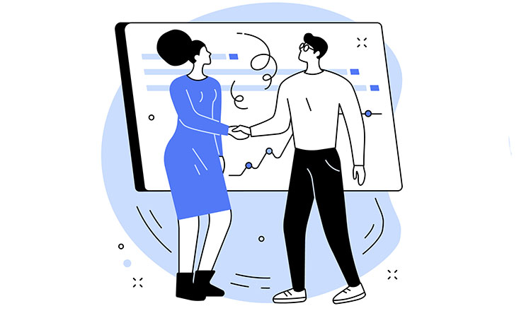A drawing of two business people shaking hands in front of a large easel is used to illustrate the concept of introducing yourself in your website's "About" page.