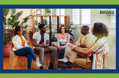 Image for an article about creating an advisory board for a massage practice. Image of a group of people talking.