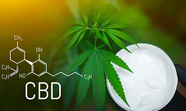 An image of a marijuana leaf superimposed over lotion is used to illustrate the concept of CBD, one of the compounds found in the cannabis plant, as a topical pain reliever.