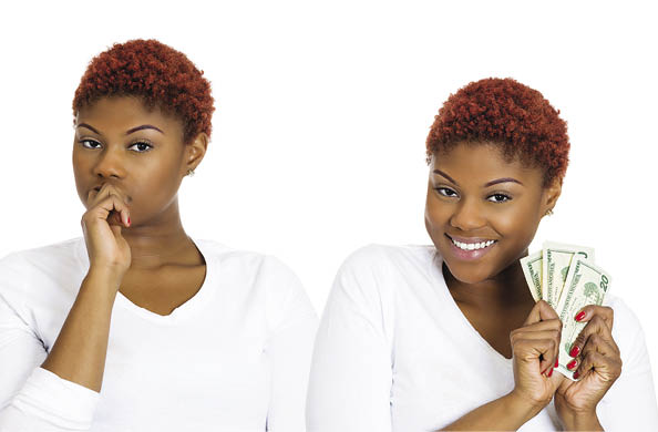 Woman looking doubtful on the left, and then looking happing on the right while holding cash money.