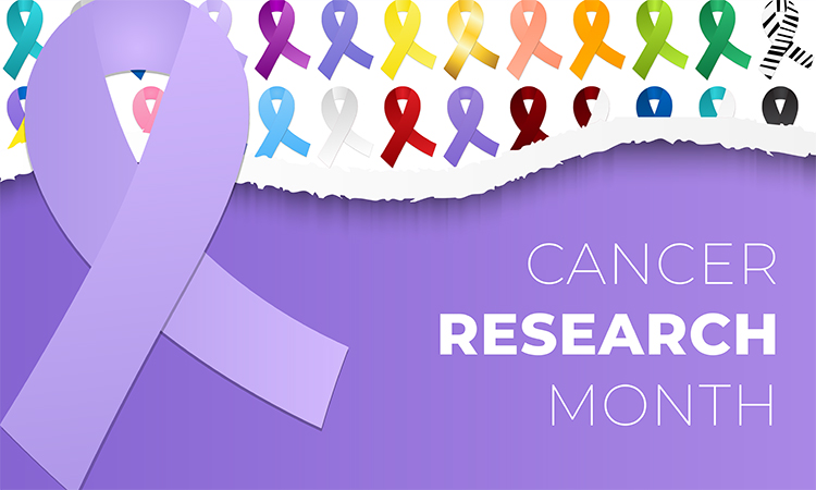 A graphic states "Cancer Research Month" and shows cancer awareness ribbons of various colors.