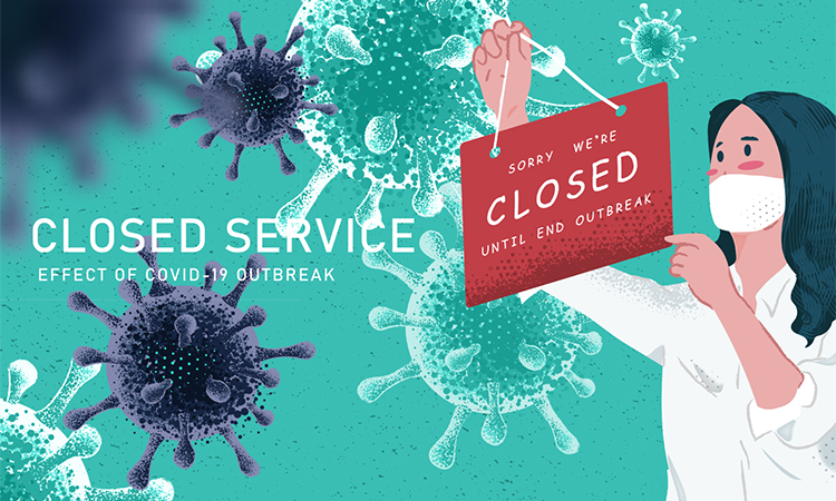 An illustration of a person wearing a face mask holding a sign that says sorry we're closed until end outbreak superimposed over an illustration of coronavirus.