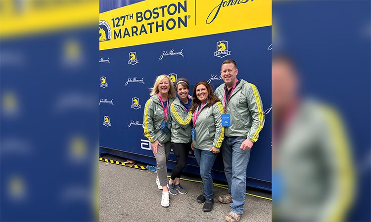 The 2023 Boston Marathon’s John Hancock pro- and para-athlete massage team (L to R): Mary White, LMT, Doreen Rossi, LMT, Anna Gammal, LMT, and Joe Frazer, LMT. Photos courtesy of Mary White.