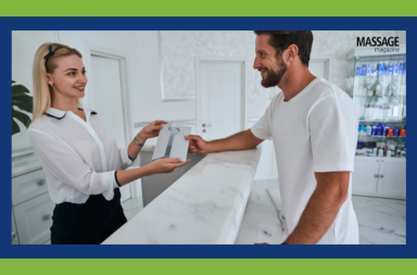 Featured image for an article about how gift certificates can grow massage practices. Image of woman handing a client a gift certificate.