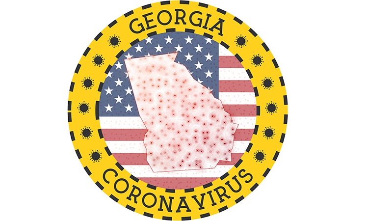 A circle with the words Georgia Coronavirus on the outside and a map of Georgia over a U.S. flag on the inside.