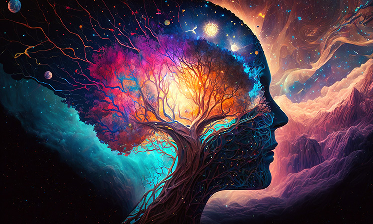 A drawing of a giant human head that looks like a bright, colorful tree is used to illustrate the concept of being brave and beautiful.