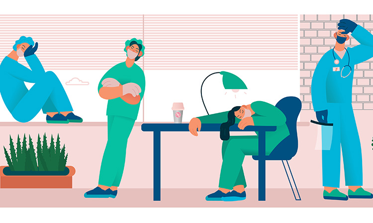 An illustration of health care professionals sleeping in a common area at work is used to depict the idea of stressed-out, exhausted health care employees.