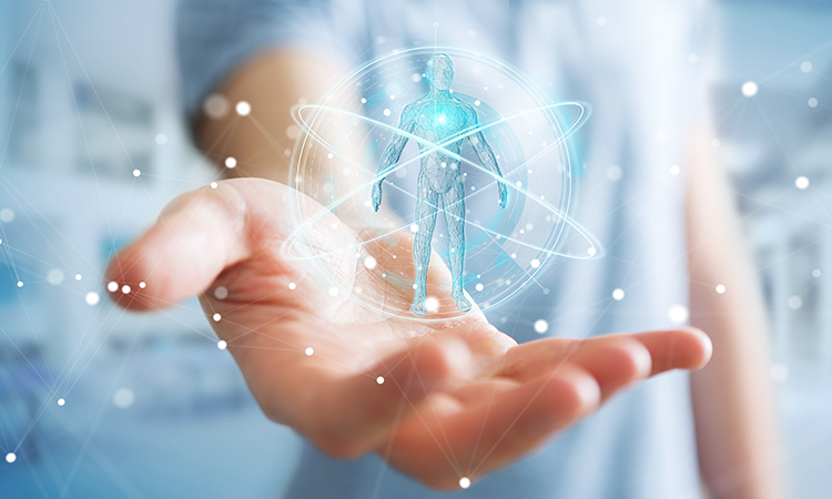 Illustration of human hand with a tiny person standing on the palm.