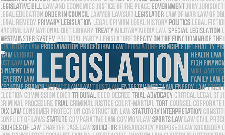 An image of a collage of politically related words, with the word "Legislation" bigger and bolder than all the rest, is used to illustrate the concept of new legislation in the massage therapy industry.