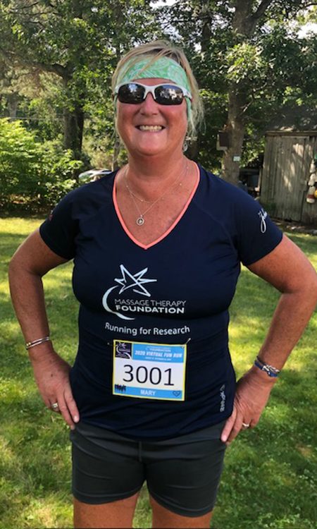 Mary White before running the 2020 Boston Marathon as a member of the Massage Therapy Foundation’s Running for Research team.