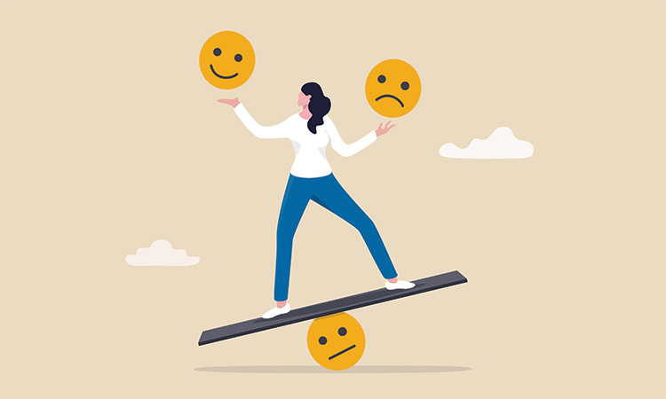 A drawing of a person on a balance beam, holding a smiley face in one hand and a frowning face in the other, is used to illustrate the concept of balancing and sustaining your passion for business success.