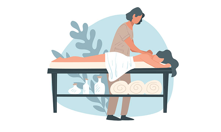 A cartoon shows a massage therapist working on a client, to illustrate the concept of first steps as a massage therapist.
