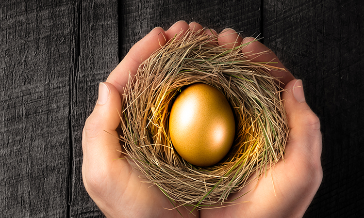 Two cupped hands hold a bird's nest, in which nestles a golden egg.