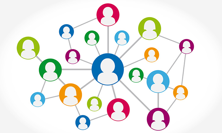 An image of people's avatars linked into a web is used to illustrate the concept of networking.