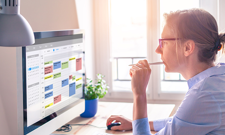 Person using calendar on computer to improve time management, plan appointments, events, tasks, business systems and meetings efficiently, improve productivity, organize week day and work hours, business woman, office