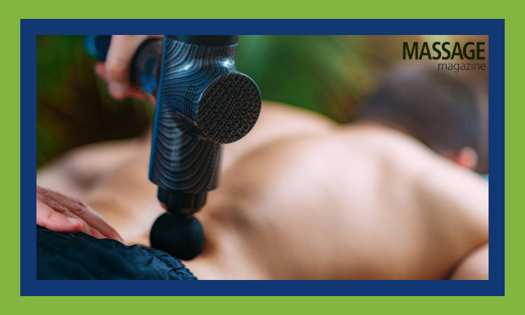 Featured image for an article about using therapeutic vibration to ease pain. Image of person receiving therapy from a massage gun.