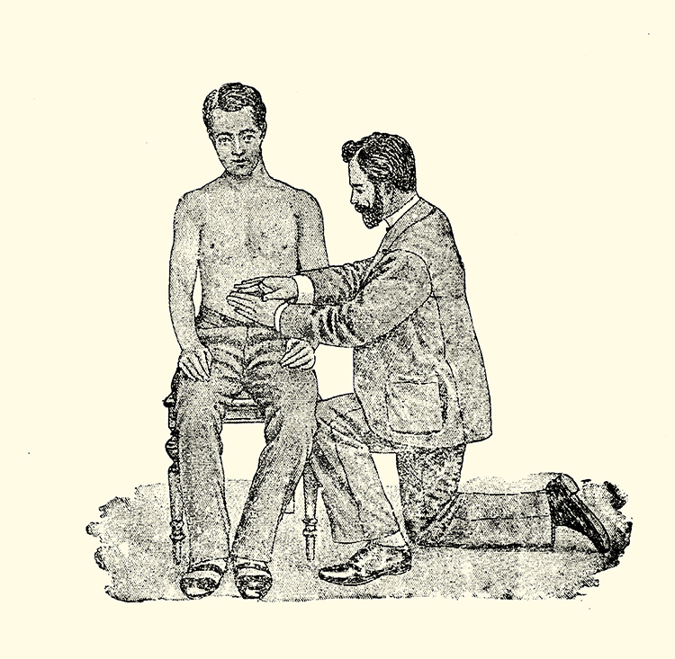 An illustration from the 1800s showing a man kneeling before a client who is receiving visceral manipulation.