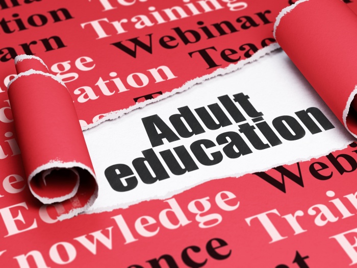 Learning concept: black text Adult Education under the curled piece of Red torn paper with Tag Cloud, 3D rendering